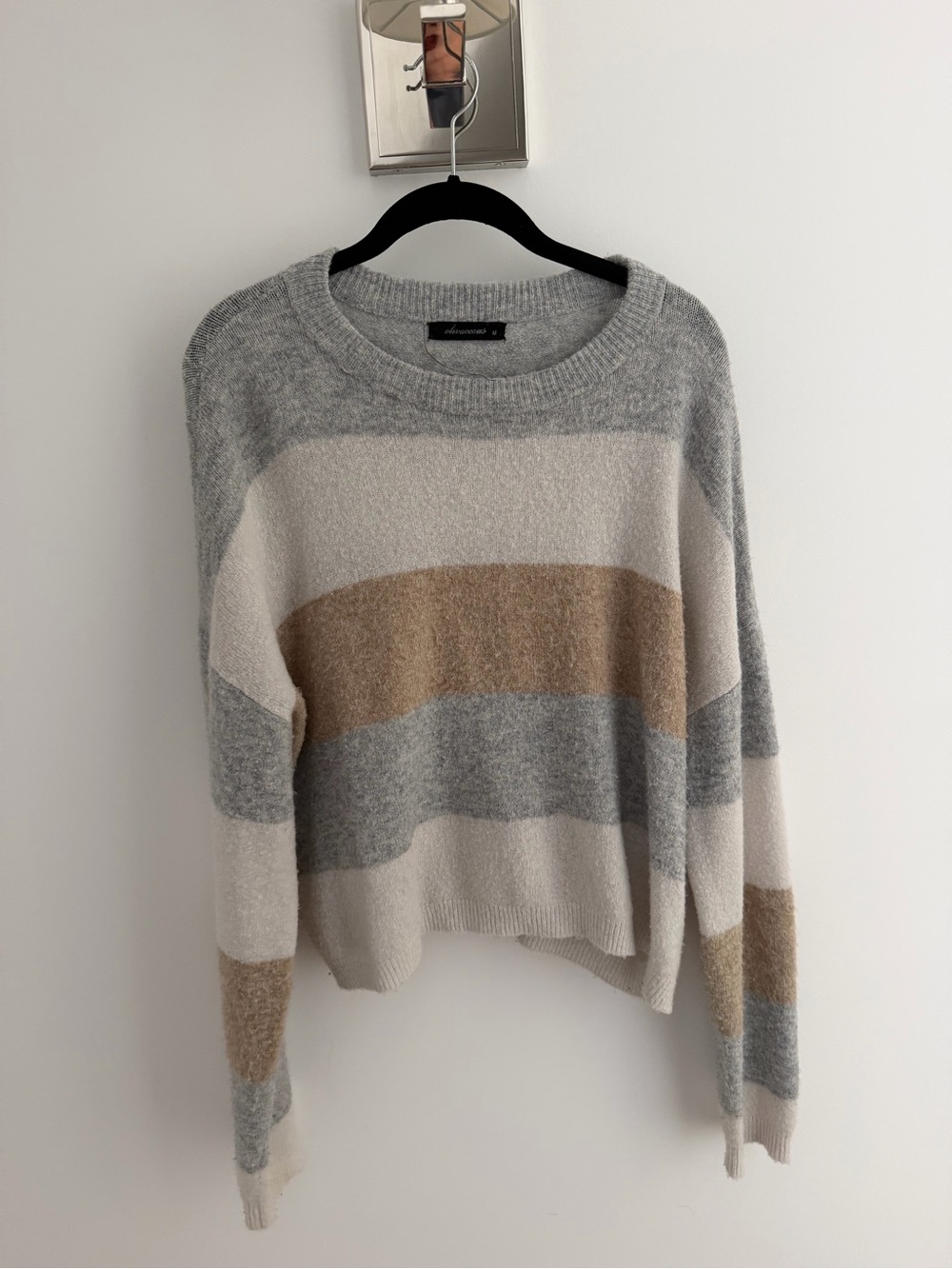 Olivaceous Striped Crewneck Sweater in Gray, Cream & Tan